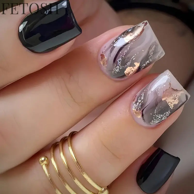 24Pcs Glossy Square Fake Nails Set Gold Powder Full Cover French False Nails Glitter Vintage Press on Acrylic Nail Manicure Tips