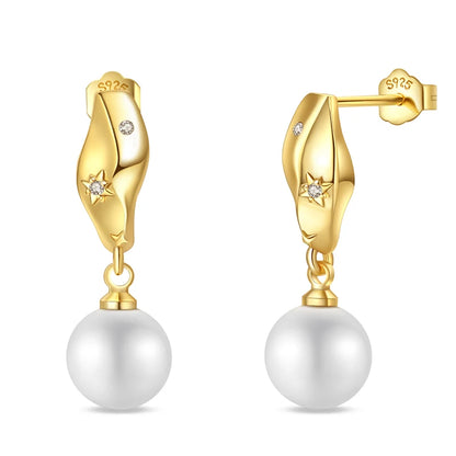 Women's 925 Sterling Silver Classic Gold Pearl Inlaid Earrings Elegant Suitable For Engagement Wedding Party Exquisite Jewelry