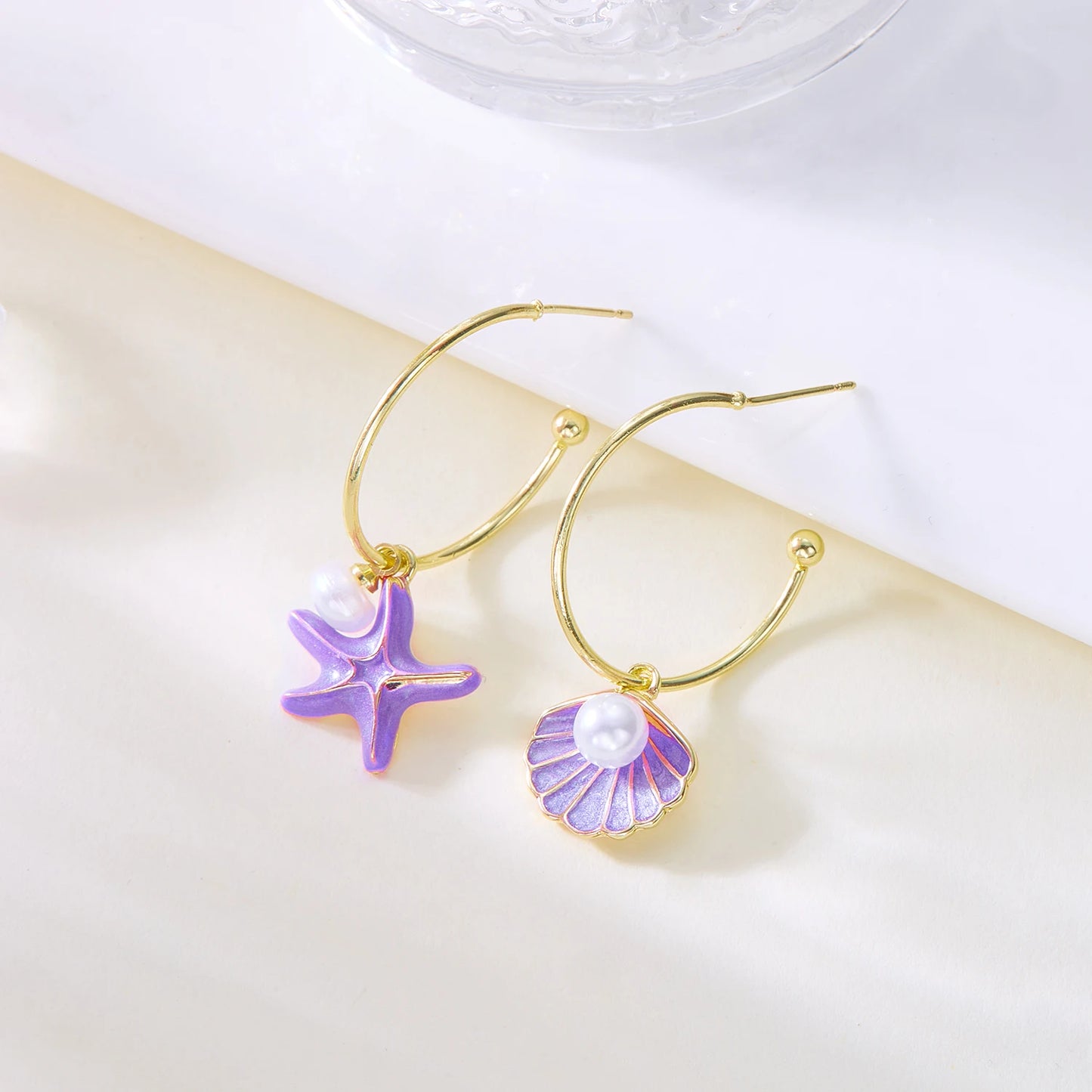 Ocean Series Conch Starfish Dangle Earrings for Women Summer Beach Asymmetrical Metal Enamel Earring Girls Party Jewelry Gift
