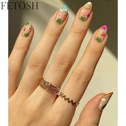 24Pcs Simple Green French False Nails Short Almond Fake Nails with Wave Line Design Wearable Round Head Press on Nail Tips