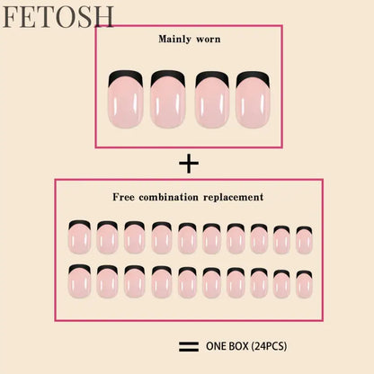 24Pcs/Set Women Girls Short French Light Blue Pink Dual Color Glossy Surface Full Coverage Wearable Fake Nail Press on Nail Art