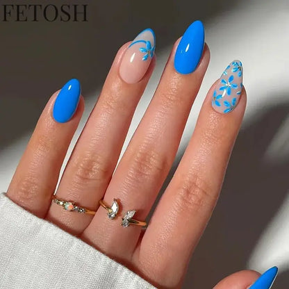 24Pcs Simple Green French False Nails Short Almond Fake Nails with Wave Line Design Wearable Round Head Press on Nail Tips