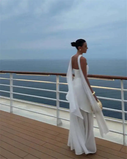 Mozision Elegant Strapless Sexy Maxi Dress For Women Gown With Scarf Off-shoulder Sleeveless Backless Split Beach Long Dress
