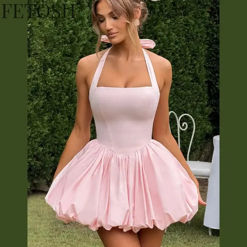 Sexy Lace-up Backless Pleated Halter Mini Dress Women Fashion Off Shoulder Puff Hem A-line Dresses 2025 Summer Lady Partywear