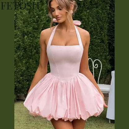 Sexy Lace-up Backless Pleated Halter Mini Dress Women Fashion Off Shoulder Puff Hem A-line Dresses 2025 Summer Lady Partywear