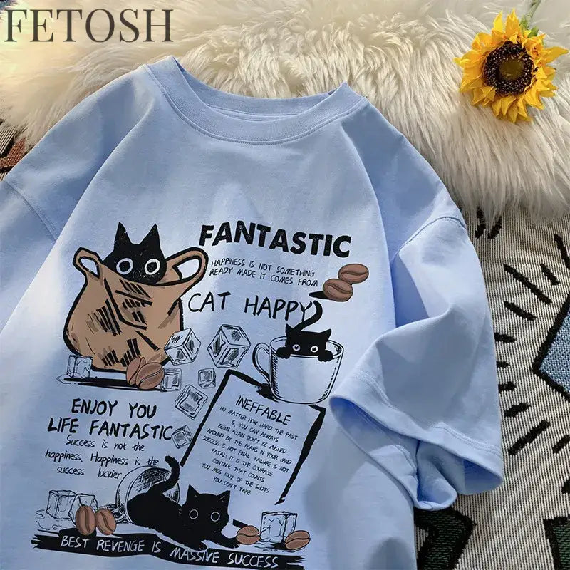 New Men Women T Shirt Pullover Oversize Korean version Cartoon Cat Group Printed T-Shirt Casual Short Sleeve Couples