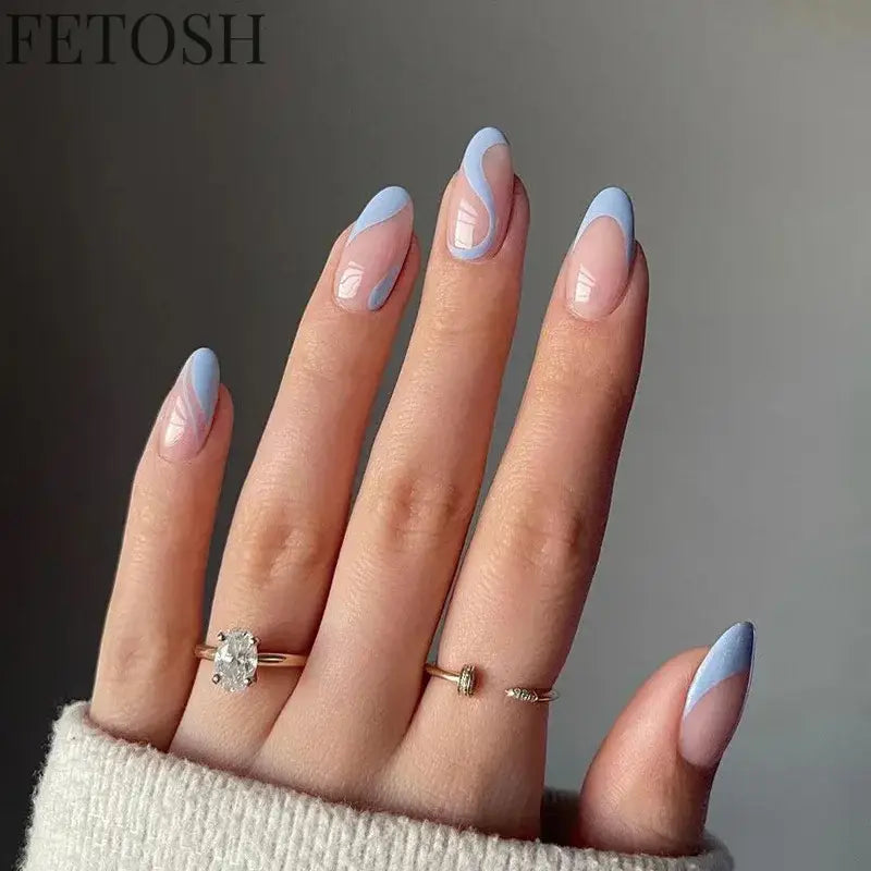 24Pcs Simple Green French False Nails Short Almond Fake Nails with Wave Line Design Wearable Round Head Press on Nail