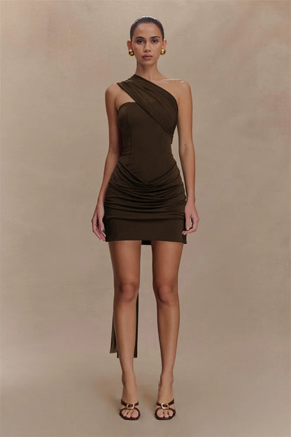 Mozision One Shoulder Backless Sexy Mini Dress Women Fashion Off-shoulder Sleeveless Backless Draped Ruched Bodycon Club Dress
