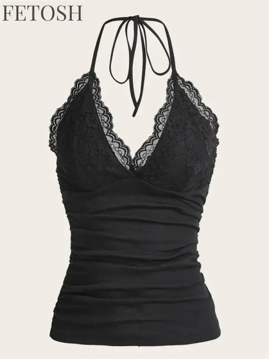 Lace V-neck Halter Top Women Summer Sexy Grunge Punk Goth Backless Ruched Crop Top Cami Top Streetwear Y2K Clothes 2024