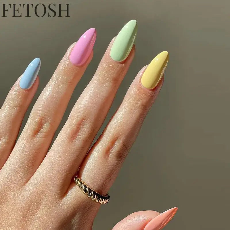 24Pcs Simple Green French False Nails Short Almond Fake Nails with Wave Line Design Wearable Round Head Press on Nail