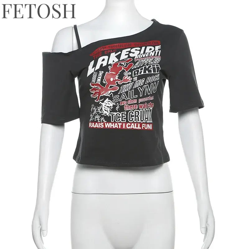 Gothic Tee Y2k Letter Print Off Shoulder Punk T-shirts Women Harajuku Summer Streetwear Grunge T Shirt Aesthetic Sexy