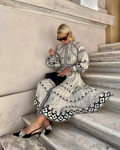 Retro Elegant Stand Collar Long Dress Women Spring Pattern Print Belted Buckle Party Dress Autumn Long Sleeve A-Line Boho Dress