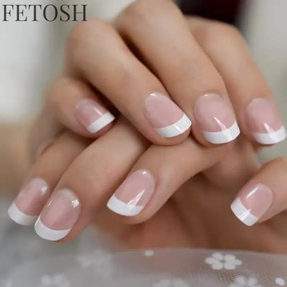Classical Normal Size French Nail Nude White Tip Glossy Press On Fingernals for daily with glue sticker 24