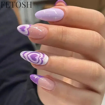 24Pcs Simple Green French False Nails Short Almond Fake Nails with Wave Line Design Wearable Round Head Press on Nail Tips