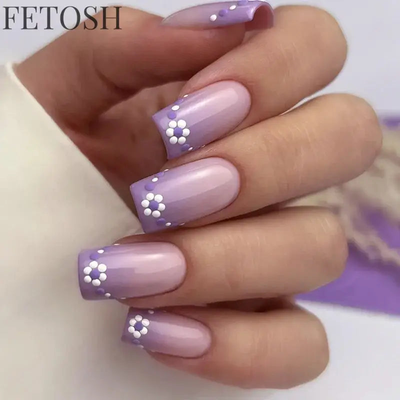 24Pcs Simple Square False Nails Short French Fake Nails Press on Colorful Flowers Design Full Cover Nail Tips Manicure