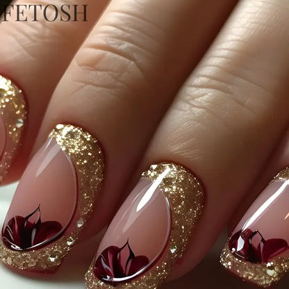24Pcs Glossy Square Fake Nails Set Gold Powder Full Cover French False Nails Glitter Vintage Press on Acrylic Nail Manicure Tips