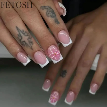 Romantic French White Nude Pink Gradient Chic Varied Short Fake Nails Art False Nails Charming Tip Press on Nails Manicure Tools
