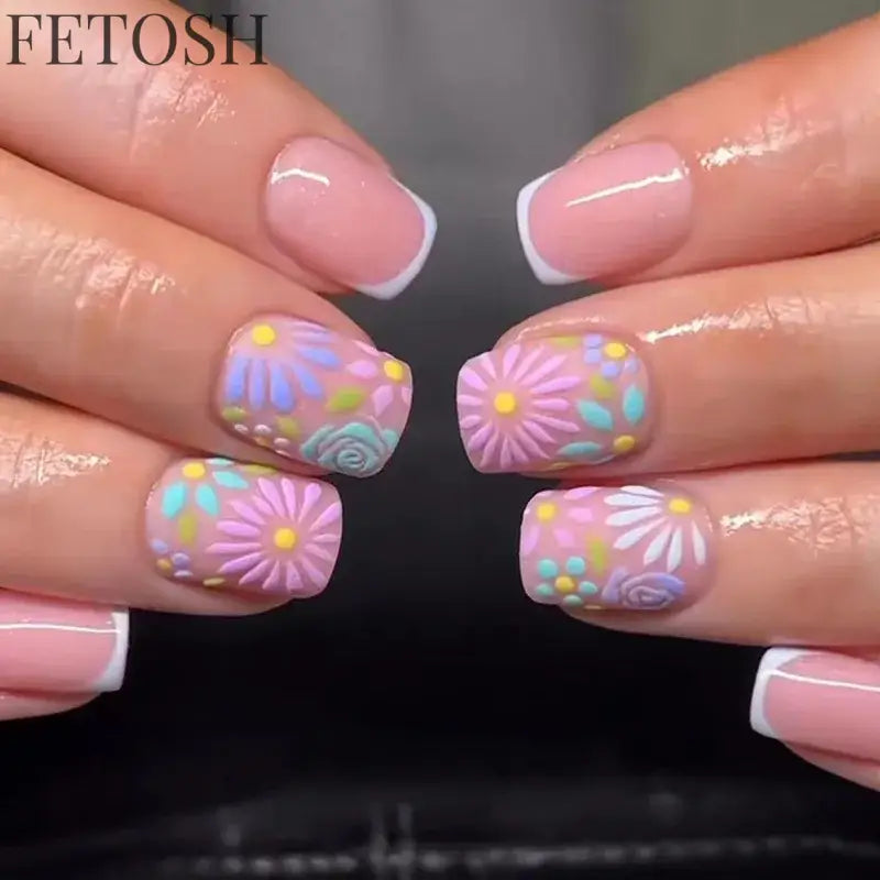 24Pcs Simple Square False Nails Short French Fake Nails Press on Colorful Flowers Design Full Cover Nail Tips Manicure