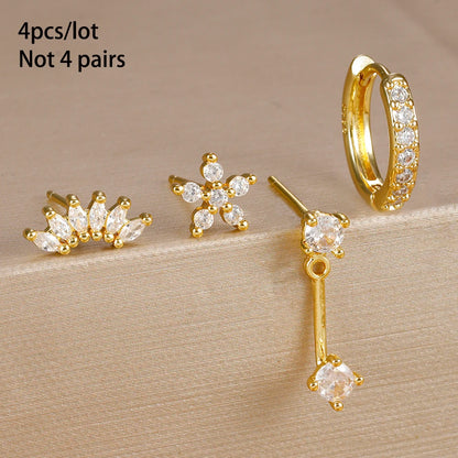4PCS Stainless Steel Circle Huggie Hoop Earrings Set for Women Gold Color Unique Zircon Flower Stud Earring Piercing Jewelry