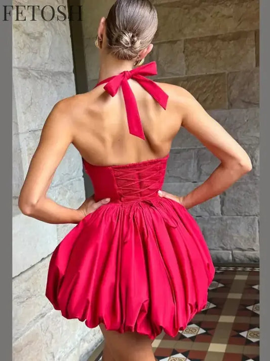 Sexy Lace-up Backless Pleated Halter Mini Dress Women Fashion Off Shoulder Puff Hem A-line Dresses 2025 Summer Lady Partywear