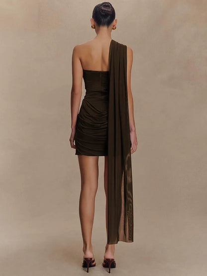 Mozision One Shoulder Backless Sexy Mini Dress Women Fashion Off-shoulder Sleeveless Backless Draped Ruched Bodycon Club Dress