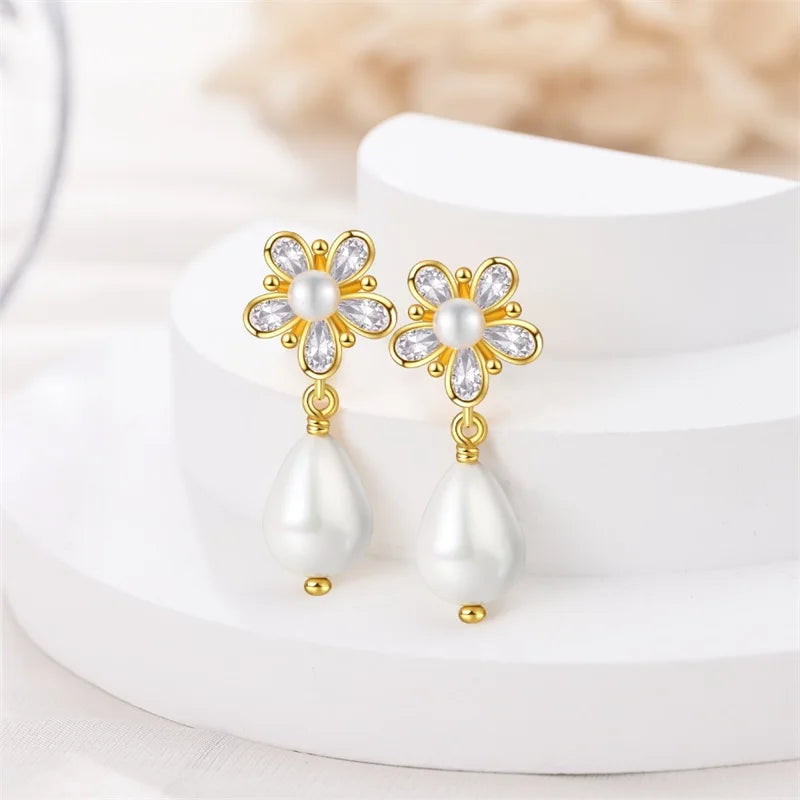Women's 925 Sterling Silver Classic Gold Pearl Inlaid Earrings Elegant Suitable For Engagement Wedding Party Exquisite Jewelry