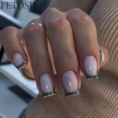 24Pcs Spring Colorful French Fake Nail with Designs Short Square Head Press on False Nails Wearable Simple Jelly Sticks on Nails
