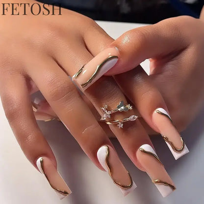24Pcs 3D Long Ballet False Nails White Coffin Wave with French Design Wearable Fake Nails Gold Line Full Cover Press on Nails