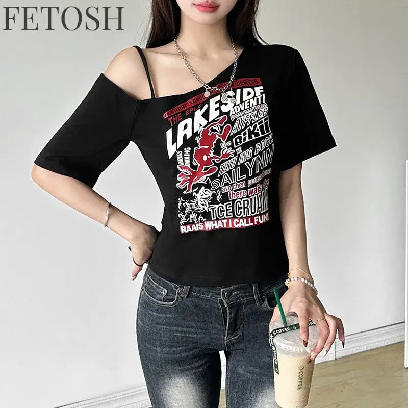 Gothic Tee Y2k Letter Print Off Shoulder Punk T-shirts Women Harajuku Summer Streetwear Grunge T Shirt Aesthetic Sexy