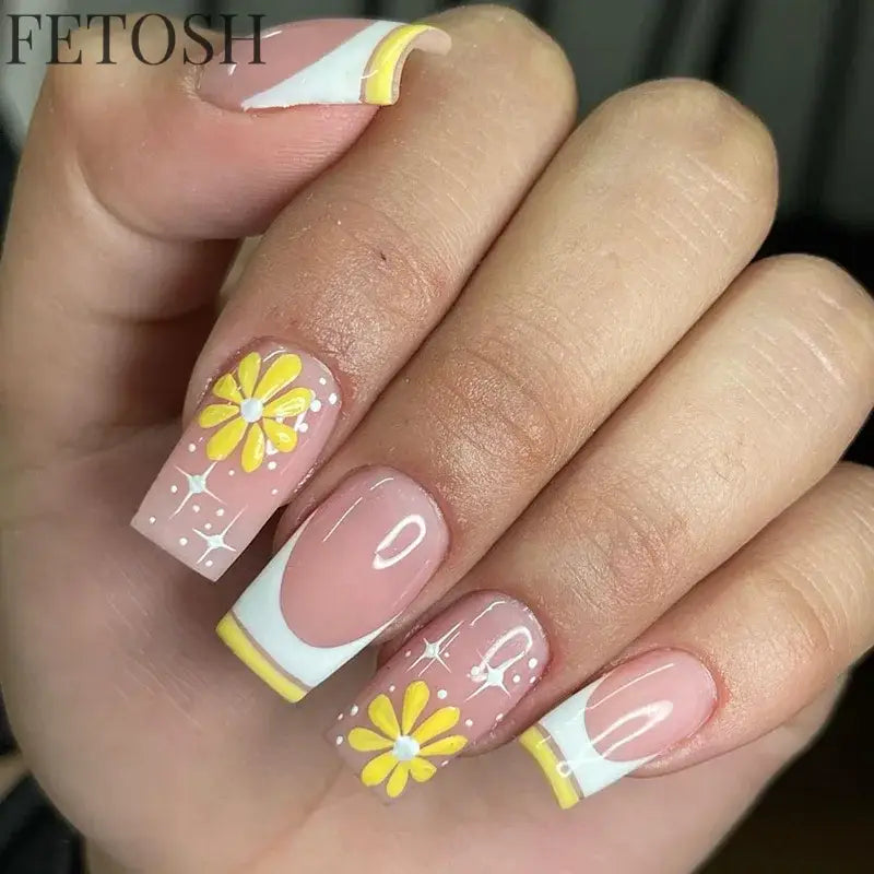 24Pcs Simple Square False Nails Short French Fake Nails Press on Colorful Flowers Design Full Cover Nail Tips Manicure