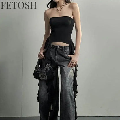 Y2k Tank Tops Asymmetrical Fringed Ruffle Top Streetwear Black Strapless Womans Summer Clothes Tank Top Women 2025