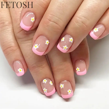24Pcs Spring Colorful French Fake Nail with Designs Short Square Head Press on False Nails Wearable Simple Jelly Sticks on Nails