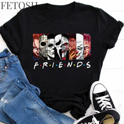 Friends T Shirt Best Stephen King Horror Characters Printed Cartoon Women Fashion Tops Oversized Tee Halloween Clothes Women