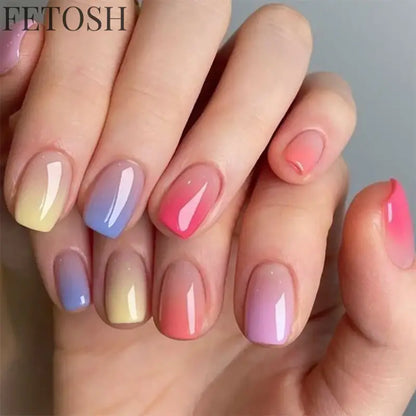 24pcs/set short square ballet fake nails gradient blue purple green pink autumn summer full cover nail tips press on false nail