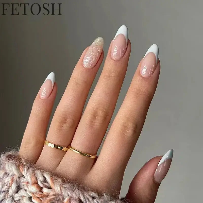 24Pcs Simple Green French False Nails Short Almond Fake Nails with Wave Line Design Wearable Round Head Press on Nail