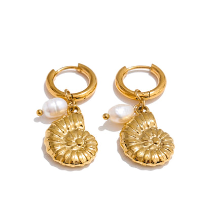 Yhpup Ocean Style Natural Pearl Conch Shell Starfish Drop Summer Hoop Earrings for Women Stainless Steel Holiday Daily Jewelry