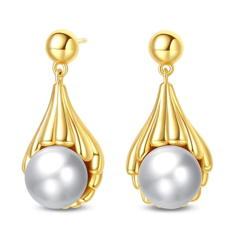 Women's 925 Sterling Silver Classic Gold Pearl Inlaid Earrings Elegant Suitable For Engagement Wedding Party Exquisite Jewelry