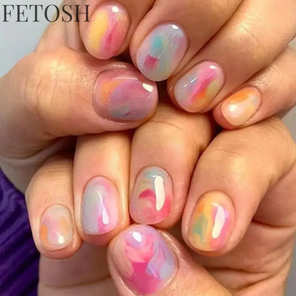 24Pcs Simple Square False Nails Short French Fake Nails Press on Colorful Flowers Design Full Cover Nail Tips Manicure Tools