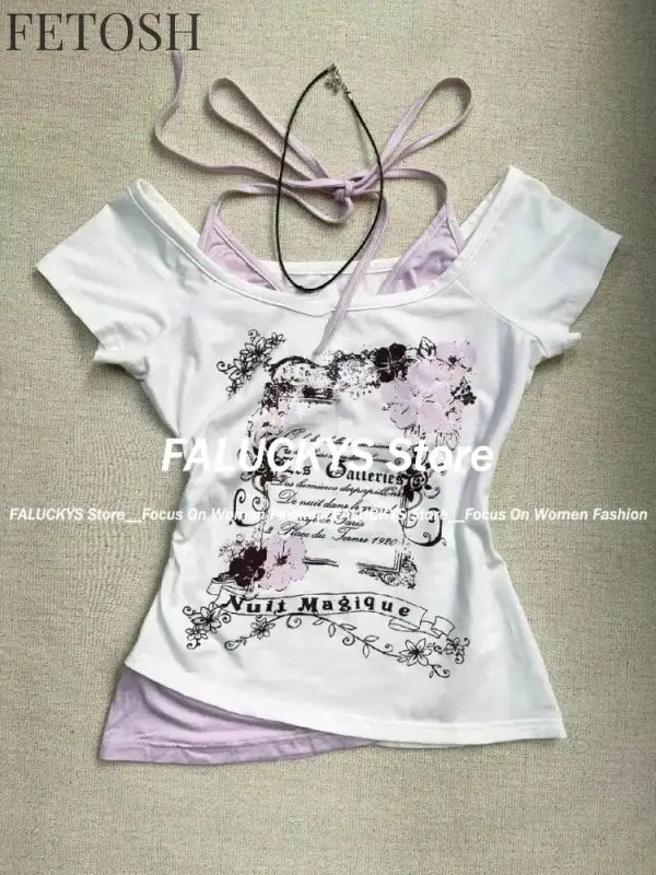 Y2K Retro Street Print T-shirt Fashion Streetwear Halter Neck Fake Two Piece Harajuku 2024 Summer Casual T-Shirt Women