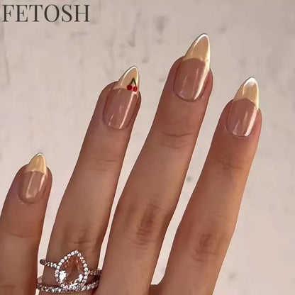 24Pcs Simple Green French False Nails Short Almond Fake Nails with Wave Line Design Wearable Round Head Press on Nail Tips