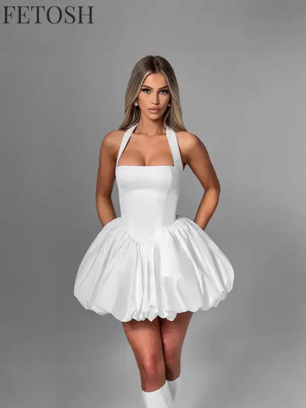 Polka Dot Halter Strapless Dress Women Elegant Sleeveless Backless Waist Cinching Ball Gown Fashion Chic Ladies Evening