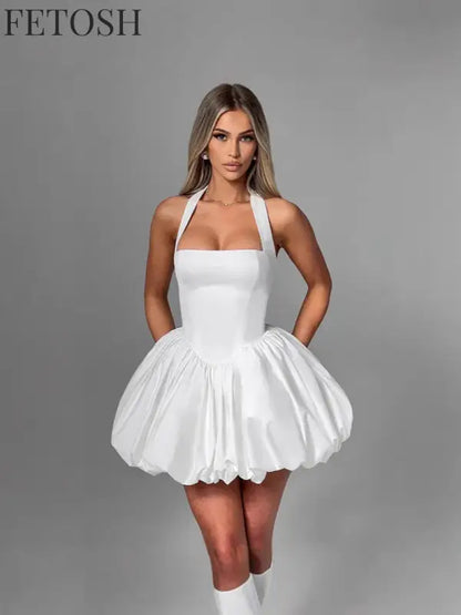 Polka Dot Halter Strapless Dress Women Elegant Sleeveless Backless Waist Cinching Ball Gown Fashion Chic Ladies Evening Dresses