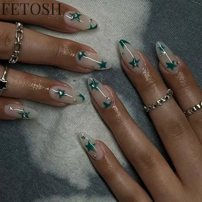 24Pcs Simple Green French False Nails Short Almond Fake Nails with Wave Line Design Wearable Round Head Press on Nail Tips