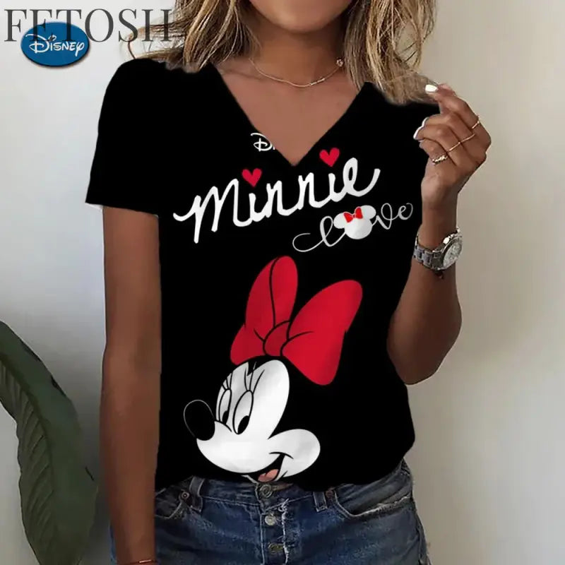 Women’s T-shirts Disney Mickey Mouse 3D print New V-neck Short Sleeve Summer Casual Women’s Clothing Harajuku Y2K Hip