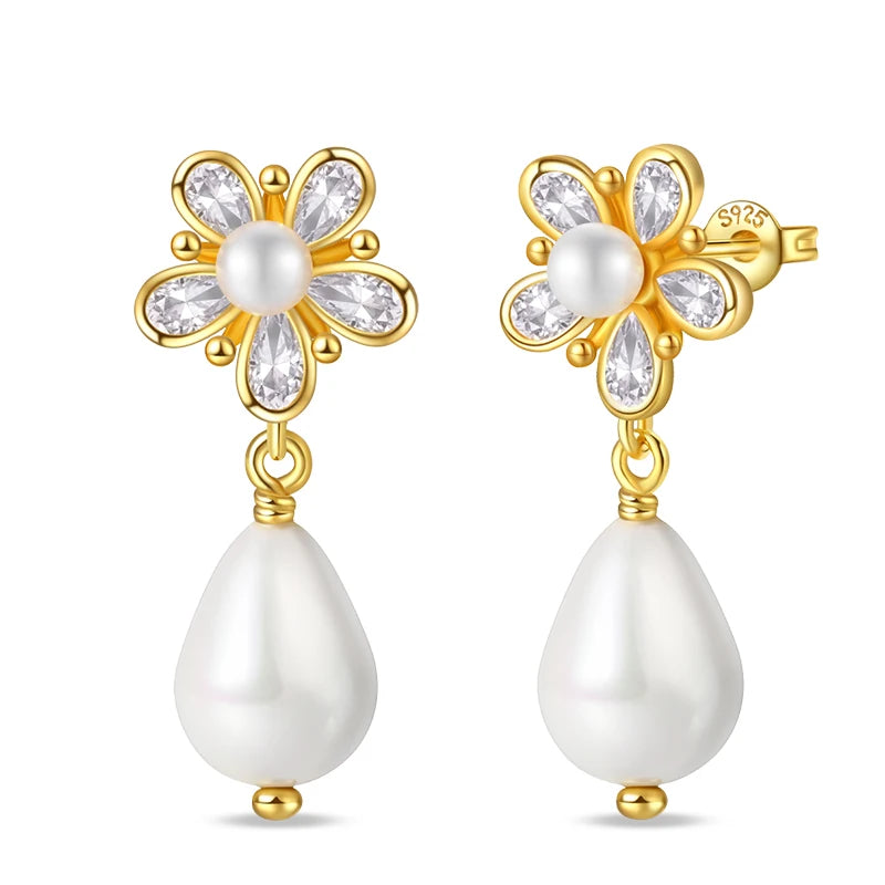Women's 925 Sterling Silver Classic Gold Pearl Inlaid Earrings Elegant Suitable For Engagement Wedding Party Exquisite Jewelry
